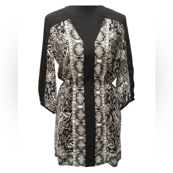 Ecote Anthropologie Black White Floral Boho Peasant 3/4 Sleeve Dress Small - Picture 1 of 9